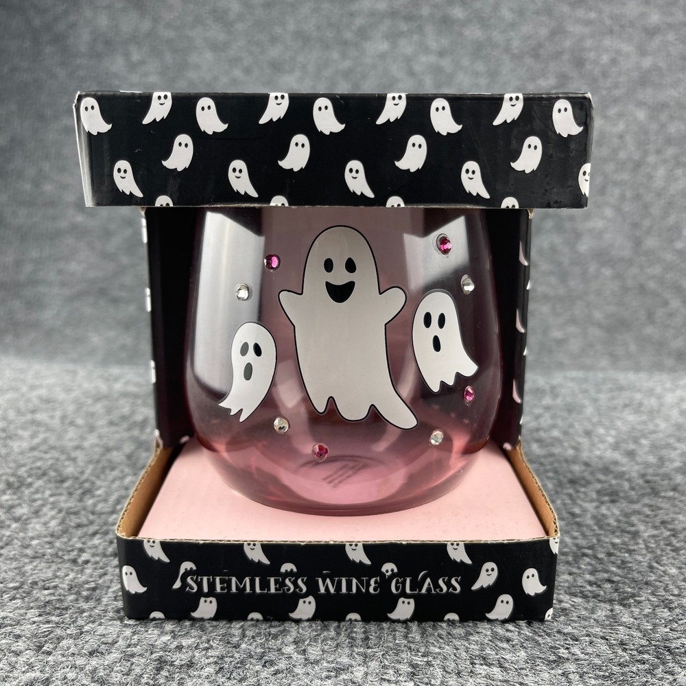 Cobwebs & Cauldrons Halloween Pink Ghost Rhinestone Stemless Wine Glass NEW - Picture 1 of 14